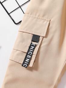Letter Print Flap Pocket Side Cargo Pants For Young Boy