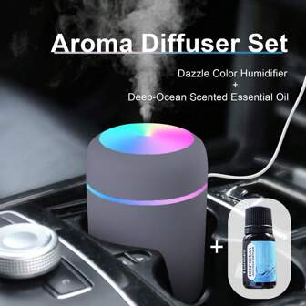 2 stks / set Dazzle Color Aroma Diffuser, inclusief 1 st 300 ml mistbevochtiger en 1 st 10 ml diepzee wateroplosbare essentiële oliën, USB-luchtverfrisser voor auto, kantoor, thuis - bevochtigt de lucht en zorgt voor een comfortabele omgeving