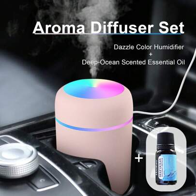 2入組繽紛色調香氣擴散器，包括1個300毫升噴霧加濕器和1個10毫升深海水溶性精油，適用於汽車，辦公室，家用USB空氣清新劑-濕潤空氣，營造舒適的環境