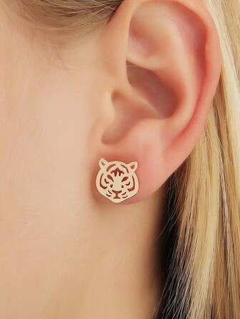 1pair Simple And Fashionable Tiger Head Stud Earrings Suitable For Women's Daily Wear