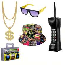 Set de 5 piezas de accesorios de disfraz de hip hop de los 80s y 90s que incluye: radio de boombox inflable, collar, teléfono, gafas de sol y sombrero tipo cubo. Además, un sombrero de cubo reversible de estilo retro de los 80s y 90s para fiestas con temática disco, disfraces, carnavales y Halloween. - Multicolor - Ver 13