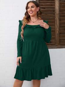 Women's Plus Size A Line High Waist Ruffle Square Neck Belted Long Sleeve Dress Midi Dress With Belted - 墨綠色 - 查看 3
