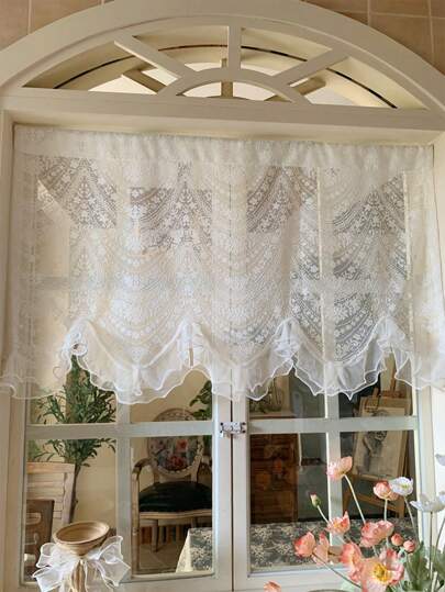 1 Stück weißes Spitzenperlen-Fenstervorhang, Vintage europäischer Landstil Dekorationsvorhang aus durchsichtigem Stoff für Kaffeeshop, Küchenspülschrank, Badezimmer-Waschtisch