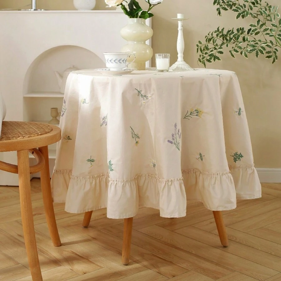 1pc Round/Rectangular Beige Embroidered Pleated Ruffle Edge Cloth - Multicolor - View 1