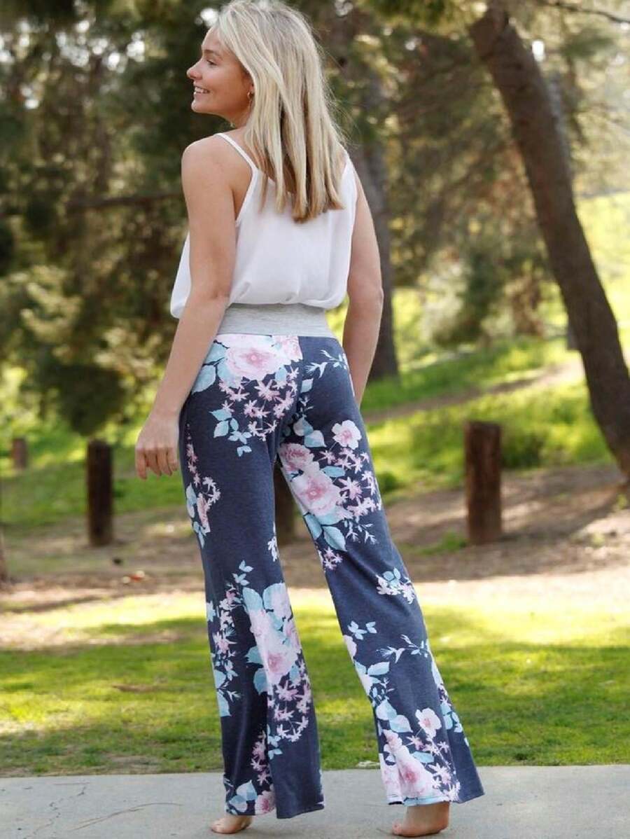 Boho Retro 90's Style Stripe Floral Drawstring Fold Over Band Wide Leg Lounge Pants - Navy Blue - View 1