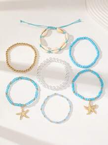 Tropiscape Set de 7 Piezas de Pulseras de Estilo Bohemio con Conchas, Estrellas de Mar y Cuentas para Mujer, Ideal para Vacaciones de Verano, Vibes de Playa