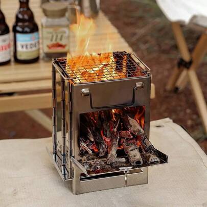 1pc Mini Outdoor Firewood Stove, Portable Foldable Stainless Steel Camping Stove, Mini Charcoal Grill, Pocket Stove For Camping, Fishing, Hiking, Picnic, Charcoal Cooking Grill