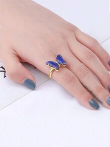 1枚金色水晶戒指，天然宝石蝴蝶戒指，女士款，紫水晶、青金石、粉晶，可调节订婚戒指 H125