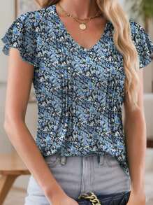 Women's V-Neck Ruffle Sleeve Casual T-Shirt - Baby Blue - View 4