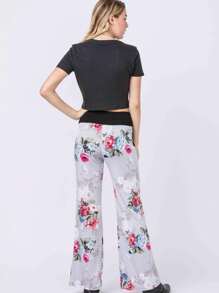 Boho Retro 90's Style Stripe Floral Drawstring Fold Over Band Wide Leg Lounge Pants - Light Grey - View 3