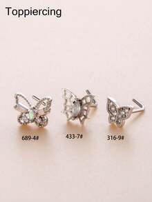 Toppiercing 1pc Korean Style Fashionable Copper Inlaid Zirconia Hollow Butterfly Stainless Steel Rod Nose Stud - Silver - View 6