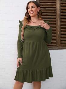 Women's Plus Size A Line High Waist Ruffle Square Neck Belted Long Sleeve Dress Midi Dress With Belted - 軍綠色 - 查看 2