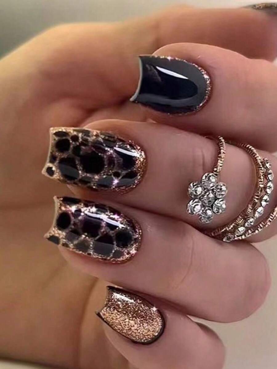24 piezas Uñas postizas con patrón de leopardo negro y dorado + Gel de gelatina + Juego de lima de uñas, Suministros para uñas - Café integral - Ver 1