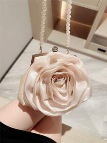 One Exquisite Flower Clutch Bag Made Of Faux Pearls For Dinner Party, White Color, Romantic Wedding Bag For Bride, Evening Handbag For Formal Parties, Chain Bag Valentines, Exquisite Floral Bag For Women