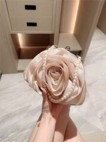 One Exquisite Flower Clutch Bag Made Of Faux Pearls For Dinner Party, White Color, Romantic Wedding Bag For Bride, Evening Handbag For Formal Parties, Chain Bag Valentines, Exquisite Floral Bag For Women