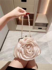 One Exquisite Flower Clutch Bag Made Of Faux Pearls For Dinner Party, White Color, Romantic Wedding Bag For Bride, Evening Handbag For Formal Parties, Chain Bag Valentines, Exquisite Floral Bag For Women