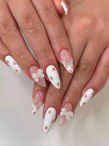 Bộ 24 miếng dán móng tay acrylic hình hạnh nhân, thiết kế dâu tây kiểu Pháp màu trắng và họa tiết nơ ngọc trai, bao gồm 1 gel dán và 1 dũa móng, thích hợp cho việc trang trí móng tay của phụ nữ và bé gái. - trắng - Xem 2