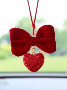 1pc Red Big Bowknot With Rhinestone Heart Car Hanging Decoration