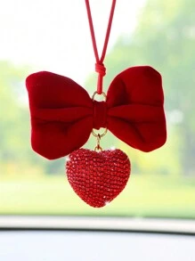 1pc Red Big Bowknot With Rhinestone Heart Car Hanging Decoration