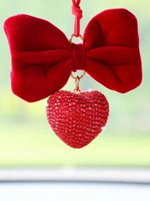 1pc Red Big Bowknot With Rhinestone Heart Car Hanging Decoration