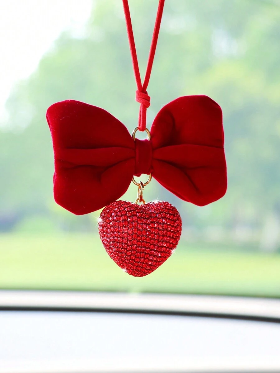 1pc Red Big Bowknot With Rhinestone Heart Car Hanging Decoration