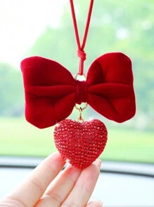 1pc Red Big Bowknot With Rhinestone Heart Car Hanging Decoration