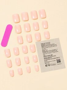 Add Some Romance - 24Pcs/Kit Short Square French Style Nude Shiny Full Cover Wearable Fake Nails Set With Jelly Glue & Nail File, Suitable For Women/Girls To Wear In Parties, Dances, And Various Daily Scenes Press On Nails Nail Supplies Nails