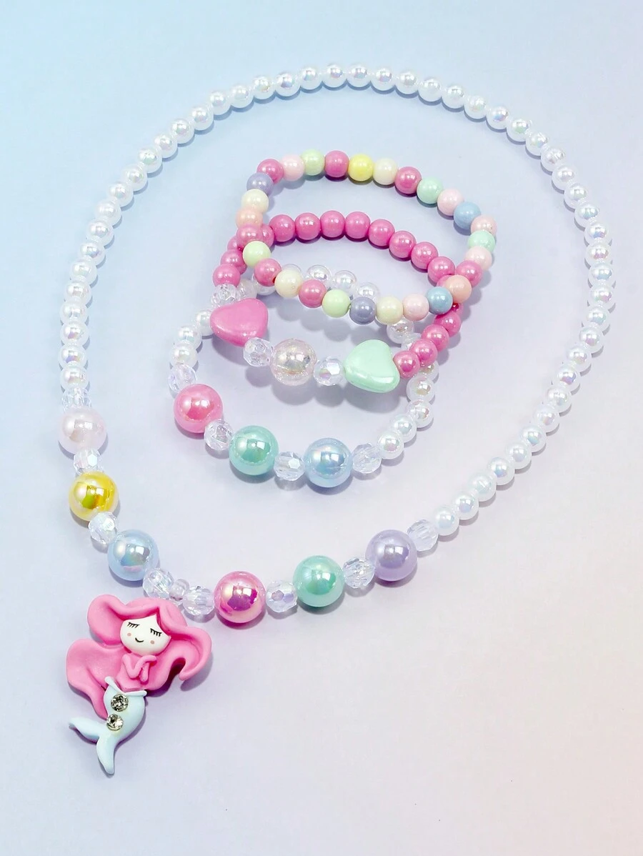 4pcs/Set Cute Mermaid Charm Beaded Jewelry Set For Girls, Bracelet, Necklace, Random Color, Suitable For Daily Wear - Multicolor - View 1