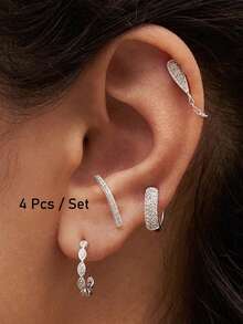 4 Pcs Gold Color Cubic Zirconia Chain Stud Earrings For Women Exquisite Zirconia Piercing Hoop Earrings Set Fashion Jewelry