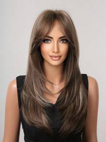 Pelucas de reflejos marrón de 20 pulgadas de cabello sintético recto con flequillo para mujeres, pelucas de reemplazo de cabello para fiestas, cosplay y uso diario - Color Piano - Ver 6