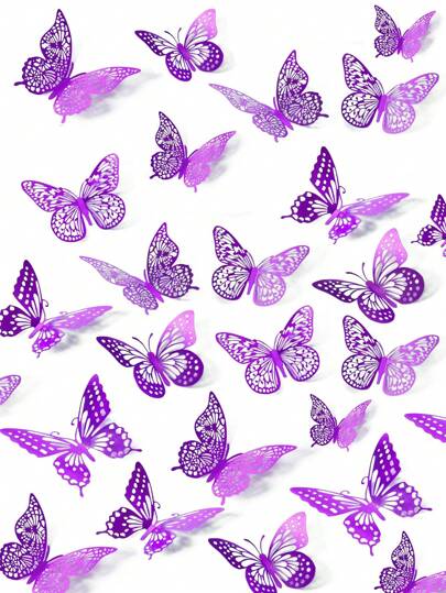 72pcs Butterfly 3D Wall Stickers, 3 Sizes Suitable For Party, Gift, Bouquet, Cake Decor, Floral Arrangement, Room Decor (Purple, H-Shaped)