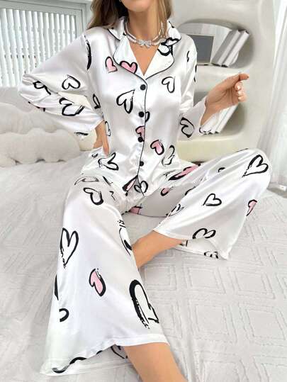 Nina Bonheur 2 pezzi Set pigiama donna in raso con stampa a cuori, camicia e pantaloni, morbido abbigliamento da relax