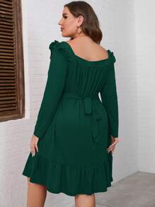 Women's Plus Size A Line High Waist Ruffle Square Neck Belted Long Sleeve Dress Midi Dress With Belted - 墨綠色 - 查看 5