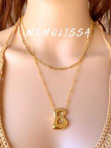 2pcs Simple & Fashionable Stainless Steel 26 Mirrored Fat Letter Double-Layer Necklace Set For Women, Suitable For Parties And Daily Wear - Yellow Gold - View 6