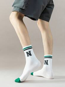 1/2/3/4 双男式米色数字条纹休闲复古街头风格运动中筒袜 - 米色 - 查看 2