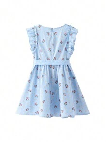 Annil 女童短袖连衣裙，夏季女童盖袖花裙，时尚 A 字裙 - 藍色 - 查看 1