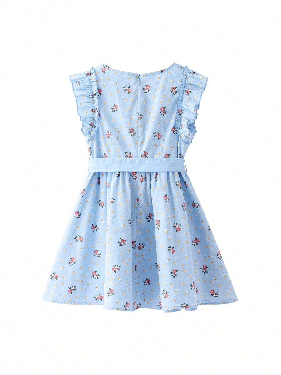 Annil 女童短袖连衣裙，夏季女童盖袖花裙，时尚 A 字裙 - 藍色 - 查看 1