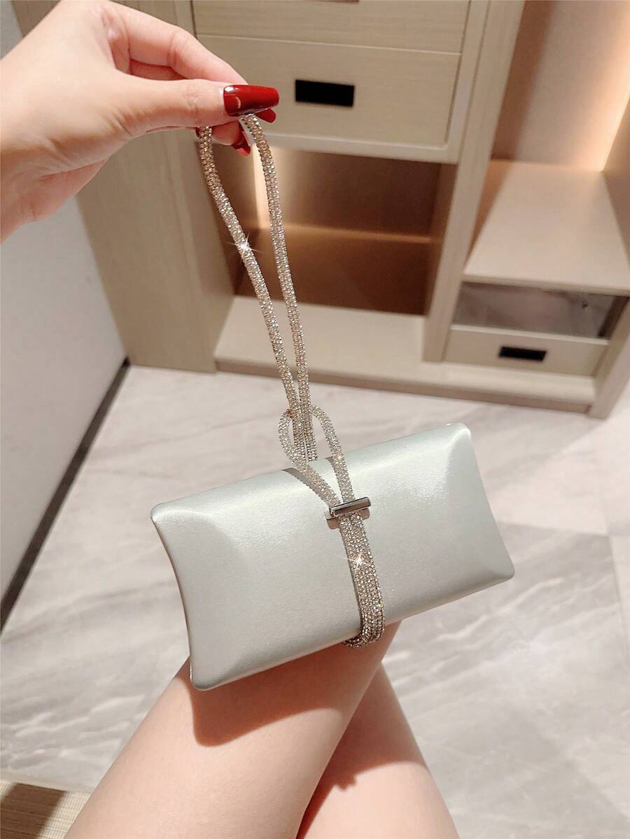 女性時尚閃亮鑽石裝飾的緞面手拿包，盒子形晚宴派對包，適用於年度會議、派對、迷你聖誕舞會、舞會、手提袋