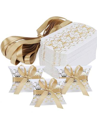 10 件金色和银色烫印花卉礼品盒，带蝴蝶结丝带装饰，适用于婚礼枕套、生日派对糖果包装，