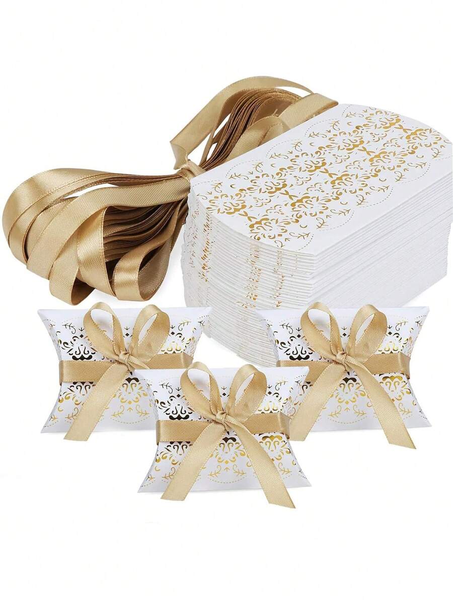 10pcs/Set Gold & Silver Foil Floral Pattern Gift Boxes, Ribbon Bow Decor Wedding Pillow Boxes, Birthday Party Packaging Boxes - 10pcs - View 1