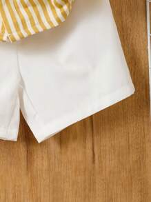 Young Boy Striped Stand Collar Short Sleeve Shirt And Shorts Set - Yellow - View 7