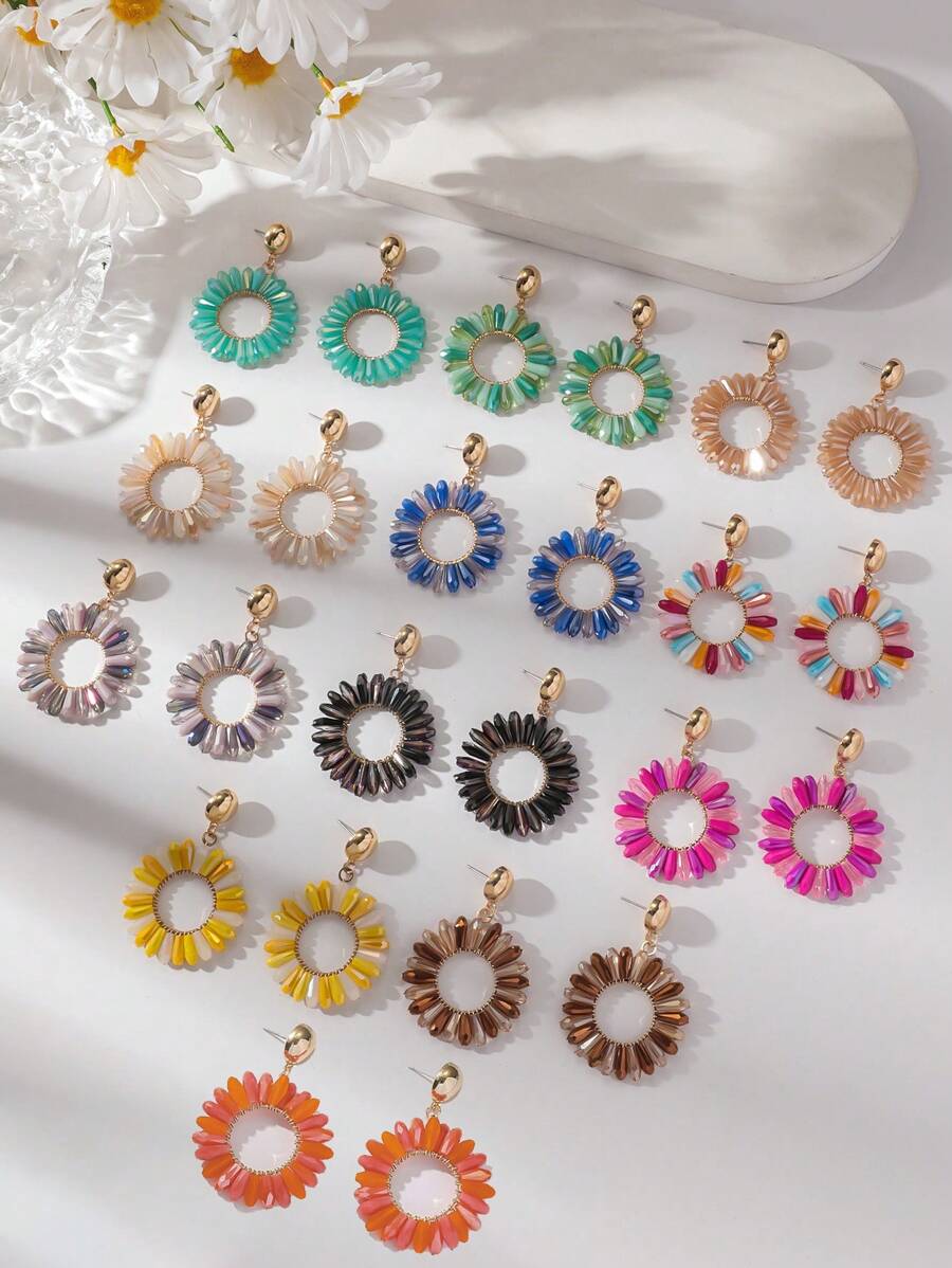 1pair Bohemian Handmade Crystal Beaded Sunflower Earrings, Sweet Circle & Geometric Ear Ornament Ideal For Women's Daily Life Or Vacation Valentines,Mom,Mother,Mother's Day,Gift - Earrings - View 1