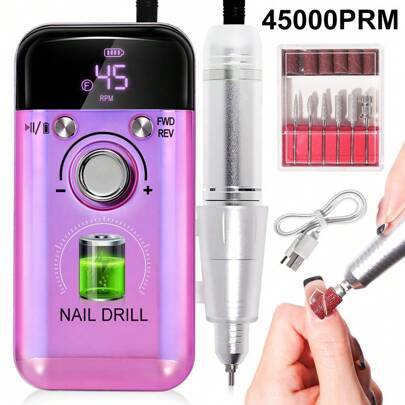 LIMEGIRL Taladro de uñas profesional recargable a 45,000RPM, máquina eléctrica portátil de pulido, herramienta para acrílico y gel con 6 brocas y bandas de lijado, para manicura, pedicura, tallado y pulido