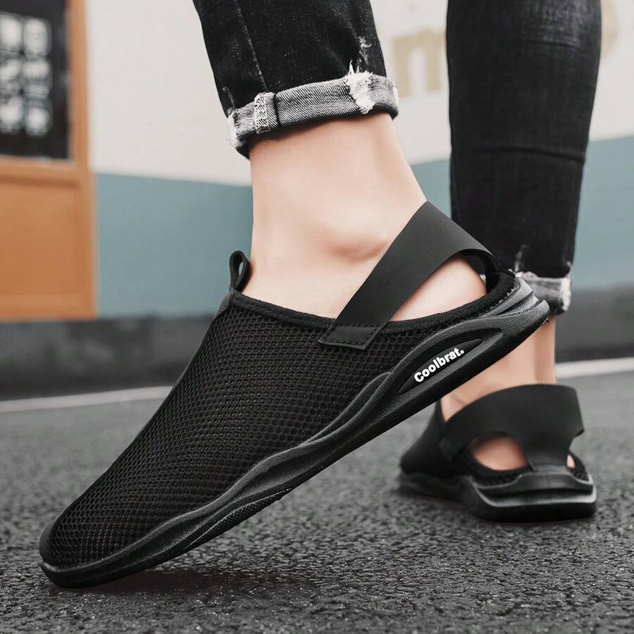 Men's New Summer Mesh Casual Shoes, Half Slippers, Versatile Shoes, Beach Sandals - Black - View 1