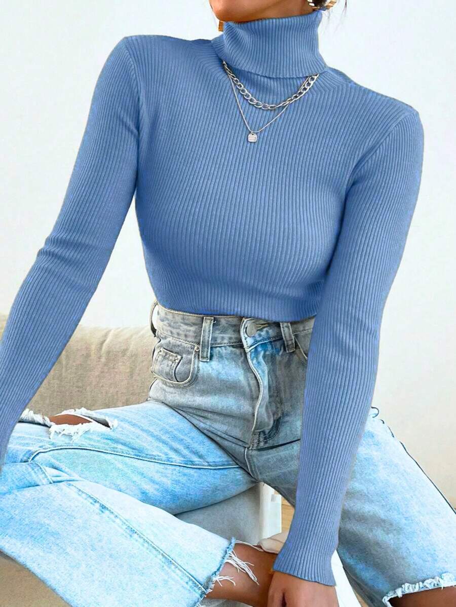 Women's Long Sleeve Knitted Blouse, Winter Sweater,  Fashion! - 淺藍色 - 查看 1