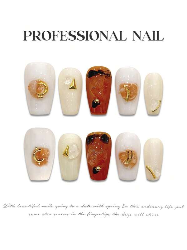 YADORNOS 10pcs Amber Hand Painted Graffiti Metallic Geometric Patterns Dotted Handmade Nails, Summer Dusk Short Coffin Shaped Press On Nails, Full Cover False Nails, Nail Supplies With Jelly Glue And Nail File For Girls Women DIY Nail Art