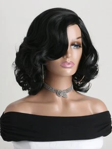 Women's Fashionable 14-Inch Synthetic Fiber Short Curly Hair Wig With Side Bangs And Water Ripples, Suitable For Daily Wear, Halloween Costume Parties - Black - View 4