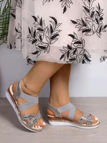 Plus Size Wide Last Wedge Heeled  Rope Thick-Soled High-Heeled Sandals, Summer, Loose Mouth With Elastic Crisscross Strap Casual Holiday Style High-Heeled Thick-Soled Sandals