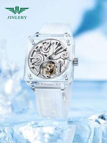 JINLERY男士陀飛輪機械手錶豪華透明骨架齒輪方錶盤男士3ATM防水發光手錶矽膠表帶 - 白色 - 查看 3