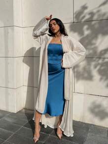 1件女士優雅開襟閃亮絲質阿巴亞，適合日常聚會，阿拉伯穆斯林土耳其寬鬆長袍